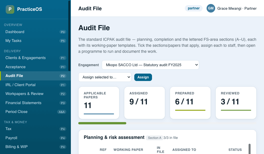Audit file index with applicable, assigned, prepared and reviewed counts