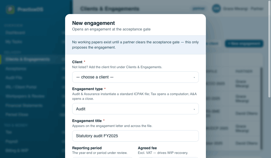 Narrated new-engagement form with field guidance